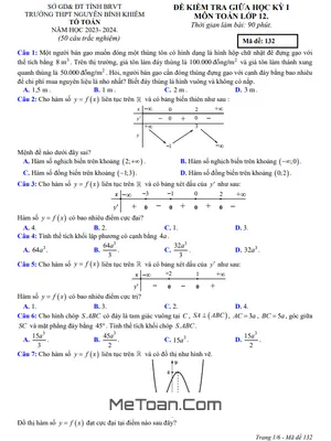 Đề giữa học kỳ 1 Toán 12 năm 2023 - 2024 trường THPT Nguyễn Bỉnh Khiêm - BR VT
