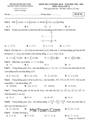 Đề thi cuối kì 2 Toán 12 năm 2023 - 2024 trường THPT Lê Hồng Phong - Quảng Nam