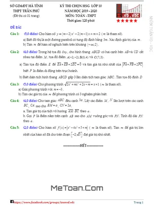 Đề thi chọn HSG Toán 10 năm 2019 - 2020 trường THPT Trần Phú - Hà Tĩnh