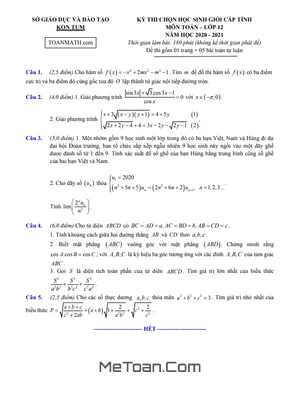 Đề thi học sinh giỏi Toán 12 cấp tỉnh năm 2020 - 2021 sở GD&ĐT Kon Tum
