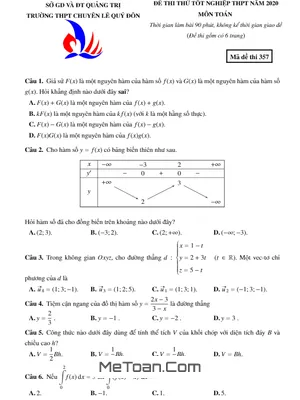 Đề thi thử tốt nghiệp THPT 2020 môn Toán trường THPT chuyên Lê Quý Đôn – Quảng Trị