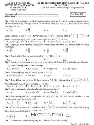 Đề thi thử Toán THPTQG 2018 trường THPT Thị Xã Quảng Trị lần 2 có đáp án