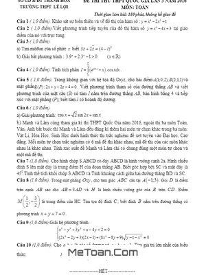 Đề thi thử THPT Quốc gia môn Toán trường Lê Lợi - Thanh Hóa lần 3 năm 2016 có đáp án