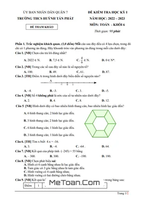 Đề Tham Khảo Học Kỳ 1 Toán 6 Năm 2022 - 2023 Trường THCS Huỳnh Tấn Phát - TP HCM