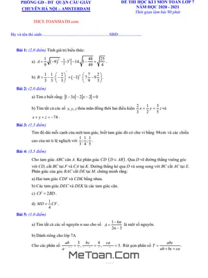 Đề thi học kì 1 Toán 7 năm 2020 - 2021 trường chuyên Hà Nội - Amsterdam