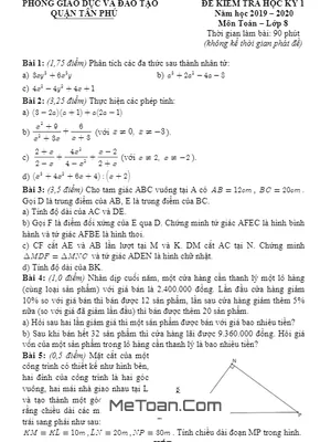 Đề thi HK1 Toán 8 năm học 2019 - 2020 phòng GD&ĐT Tân Phú - TP HCM