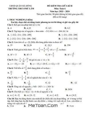 Đề thi giữa kì 2 Toán lớp 6 năm 2023 - 2024 trường THCS Phú Lãm - Hà Nội