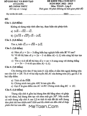 Đề thi học kì 1 Toán 9 năm 2022 - 2023 sở GD&ĐT An Giang [Có lời giải]