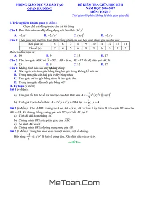Đề kiểm tra giữa kì 2 Toán 7 năm 2016 - 2017 phòng GD&ĐT Hà Đông - Hà Nội