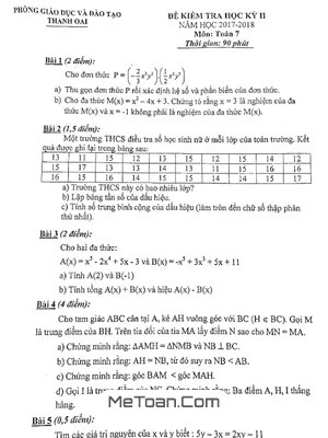 Đề thi học kỳ 2 môn Toán lớp 7 năm 2017 - 2018 phòng GD&ĐT Thanh Oai - Hà Nội