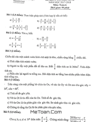 Đề thi học kỳ 2 Toán lớp 6 năm 2017 - 2018 phòng GD&ĐT Thanh Oai - Hà Nội (có lời giải)