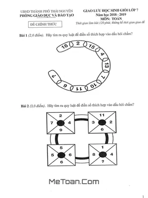 Đề thi học sinh giỏi Toán 7 năm 2018-2019 phòng GD&ĐT TP Thái Nguyên