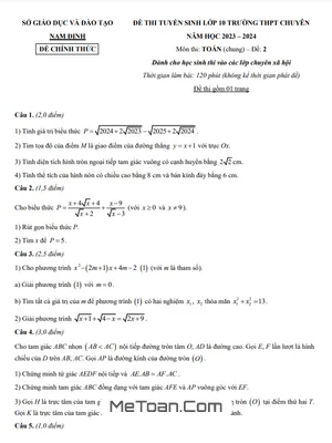 Đề thi vào 10 chuyên Toán (chung - XH) năm 2023 - 2024 Sở GD&ĐT Nam Định