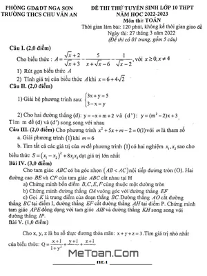 Đề thi thử Toán vào lớp 10 năm 2022 – 2023 trường THCS Chu Văn An – Thanh Hóa