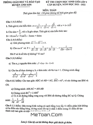 Đề thi chọn học sinh giỏi Toán 9 năm 2021 - 2022 phòng GD&ĐT Anh Sơn - Nghệ An