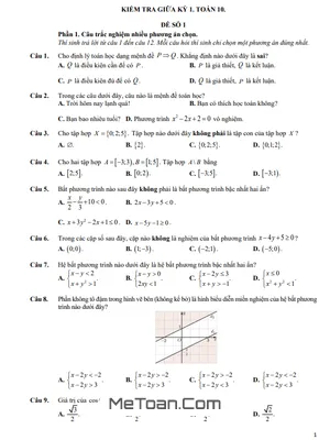 10 Đề Kiểm Tra Giữa Kỳ 1 Môn Toán 10 Định Dạng Trắc Nghiệm 2025