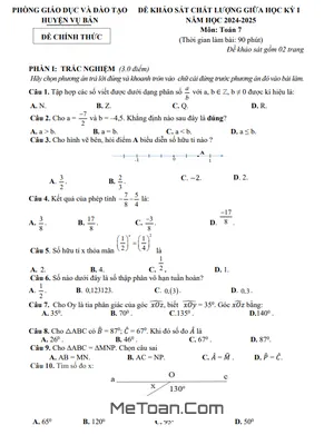 Đề Thi Giữa Kì 1 Môn Toán Lớp 7 Năm 2024 - 2025 Phòng GD&ĐT Vụ Bản - Nam Định
