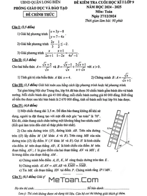 Đề thi học kì 1 Toán 9 năm 2024 - 2025 phòng GD&ĐT Long Biên - Hà Nội