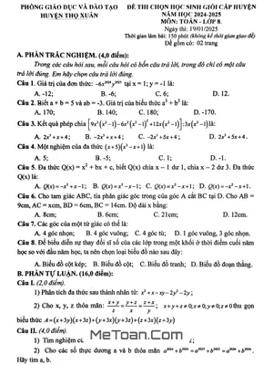 Đề chọn học sinh giỏi Toán 8 năm 2024 - 2025 phòng GD&ĐT Thọ Xuân - Thanh Hóa