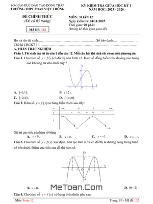 Đề Thi Giữa Học Kỳ 1 Môn Toán Lớp 12 Năm 2025-2026 Trường THPT Phan Việt Thống, Đồng Tháp (Kèm Đáp Án)