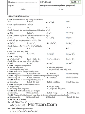 Đề thi Giữa Kỳ 1 Toán 8 Năm Học 2025 – 2026 Trường THCS Quế Thuận, Đà Nẵng (Kèm Đáp Án)