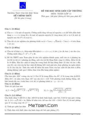 Đề thi học sinh giỏi Toán 11 năm 2021 - 2022 trường THPT Chuyên Bắc Ninh