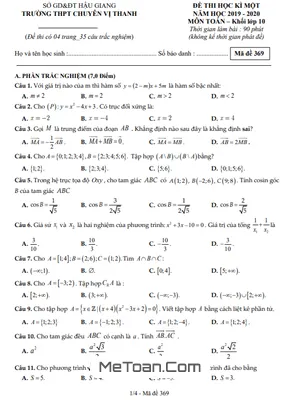 Đề thi học kì 1 Toán 10 năm 2019 - 2020 trường THPT chuyên Vị Thanh - Hậu Giang