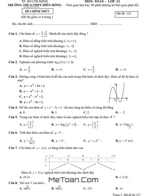 Bộ Đề Cuối Kỳ 1 Toán 12 Năm 2022 - 2023 Trường THCS-THPT Diên Hồng - TP. HCM