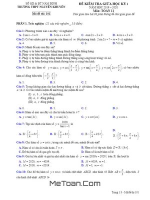 Đề thi giữa kỳ 1 Toán 11 năm 2019 – 2020 trường Nguyễn Khuyến – Nam Định