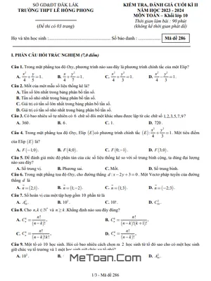 Đề Cuối Kì 2 Toán 10 Năm 2023 - 2024 Trường THPT Lê Hồng Phong - Đắk Lắk