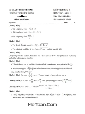 Đề thi học kì 2 Toán 10 năm 2019 - 2020 trường THPT Đông Dương - TP HCM