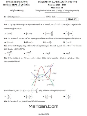 Đề giữa kỳ 1 Toán 12 năm 2023 - 2024 trường THPT Lê Quý Đôn - Hải Dương