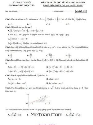 Đề thi cuối kì 2 Toán 12 năm 2023 - 2024 trường THPT Ngọc Tảo - Hà Nội