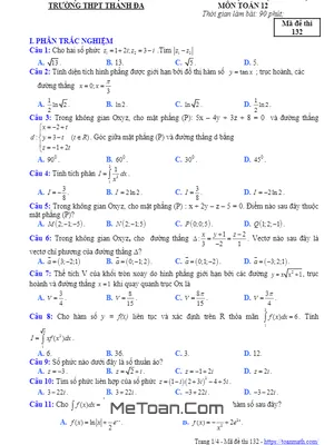 Đề thi HK2 Toán 12 năm 2018 - 2019 trường THPT Thanh Đa - TP.HCM (Mã đề 132)