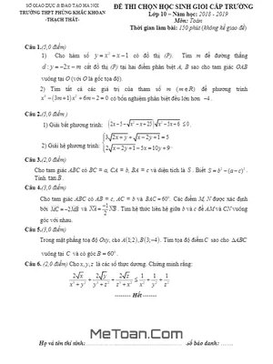 Đề thi HSG Toán 10 năm 2018 - 2019 trường Phùng Khắc Khoan - Hà Nội