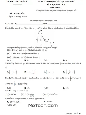 Đề khảo sát học sinh giỏi Toán 12 năm 2020 - 2021 trường THPT Quế Võ 1 - Bắc Ninh