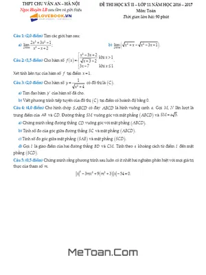 Đề thi HK2 Toán 11 năm 2016 - 2017 trường THPT Chu Văn An - Hà Nội