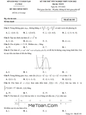Đề thi thử tốt nghiệp THPT năm 2022 môn Toán sở GD&ĐT Cà Mau