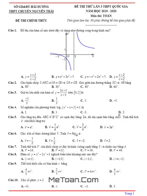 Đề thi thử THPT Quốc gia 2020 môn Toán lần 3 trường THPT chuyên Nguyễn Trãi – Hải Dương