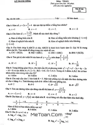 Đề thi thử Toán THPTQG 2018 trường chuyên Lê Thánh Tông - Quảng Nam lần 3 - Mã đề 131