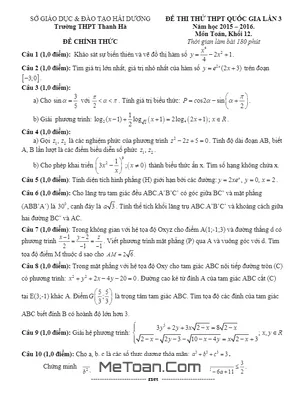Đề Thi Thử THPT Quốc Gia 2016 Môn Toán Trường THPT Thanh Hà - Hải Dương Lần 3