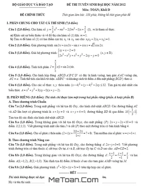 Đề thi và đáp án môn Toán khối D năm 2012 chi tiết, đầy đủ nhất