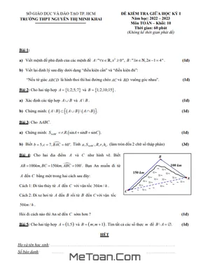 Đề Thi Giữa Kỳ 1 Toán 10 Năm 2022 - 2023 Trường THPT Nguyễn Thị Minh Khai - TP HCM