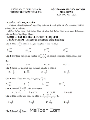Đề Cương ôn Tập Giữa Kì 2 Môn Toán Lớp 6 Trường THCS Nam Trung Yên - Năm Học 2023 - 2024