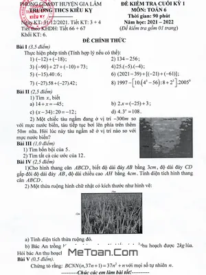 Đề thi học kì 1 Toán lớp 6 năm 2021 - 2022 trường THCS Kiêu Kỵ - Hà Nội