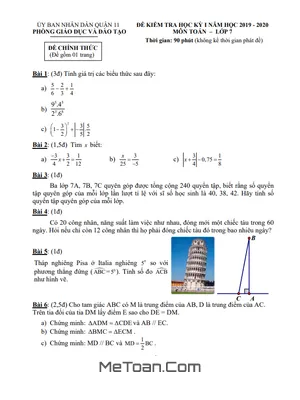 Đề thi học kỳ 1 Toán lớp 7 năm 2019 - 2020 phòng GD&ĐT Quận 11 - TP HCM