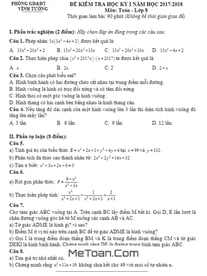 Đề Kiểm Tra Học Kỳ 1 Toán 8 Năm 2017 - 2018 Phòng GD&ĐT Vĩnh Tường - Vĩnh Phúc (Có Lời Giải)