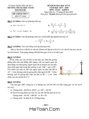 Đề thi học kỳ 2 Toán lớp 8 năm 2019 - 2020 trường THCS Nguyễn Du - TP HCM