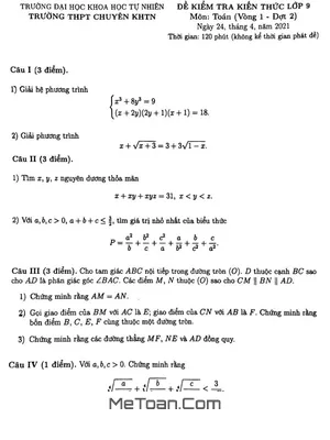 Đề thi vào lớp 10 môn Toán chuyên KHTN Hà Nội năm 2020-2021 (Vòng 1 - Đợt 2)