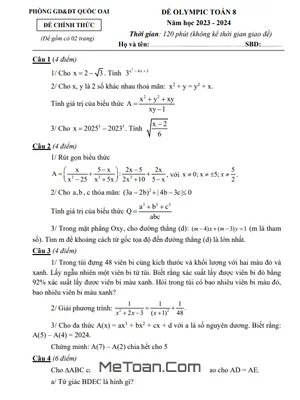 Đề Olympic Toán 8 Năm 2023 - 2024 Phòng GD&ĐT Quốc Oai - Hà Nội